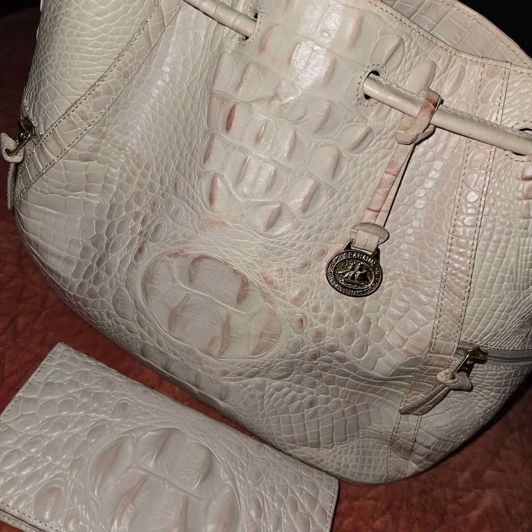 Brahmin Elegant Cream And Pink Embossed Shoulder Bag
